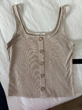 EUC Caution to the Wind Beige Ribbed Button Front Tank Top Sz M
